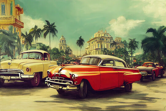 Digital illustration of vintage cars in Cuba. Retro automobiles on the streets of Havana. Cuban autos in a tropical daytime cityscape. Exotic and antique 50's vehicles in the Caribbean. Concept art