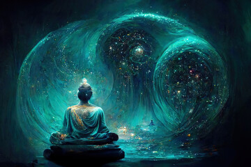 Buddha meditates in the universe, teal colors, universe, yoga, spirituality, generative ai