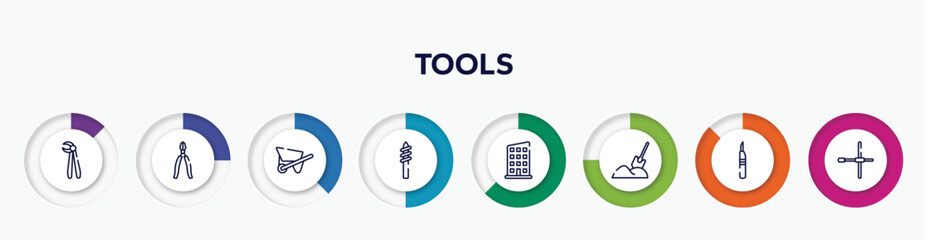 infographic element with tools outline icons. included forceps, big pliers, wheelbarrow full, drill tip, rectangles, digging, leather cutter, wheelbrace vector.