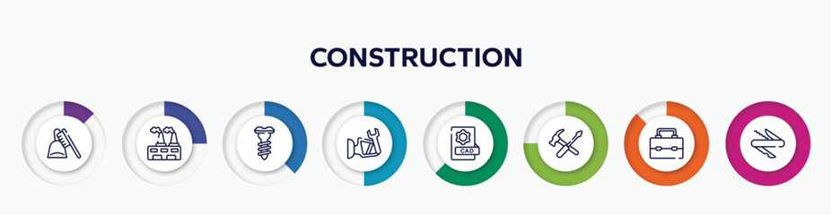 infographic element with construction outline icons. included dustpan and brush, wastes, screw, side mirror, cad, repair tools cross, lunchbox, swiss knife vector.