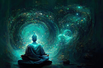 Fototapeta na wymiar Buddha meditates in the universe, teal colors, universe, yoga, spirituality