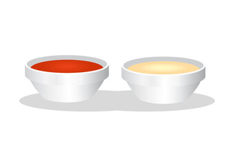 Ketchup and mayonnaise sauces cup bowls isolated on white background