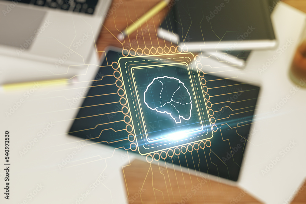 Aufkleber double exposure of creative artificial intelligence symbol and digital tablet on background, top vie