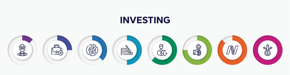 infographic element with investing outline icons. included detective, unemployed, allocation, fallen, low, hand up, nasdaq, diversify vector. - obrazy, fototapety, plakaty