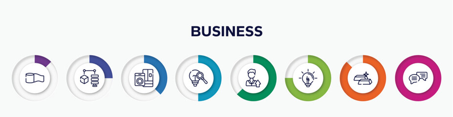 infographic element with business outline icons. included permission, address book, paper shredder, opinion, dive, intranet, start up, explanation vector.