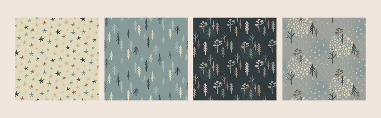 Set of four vector Christmas seamless patterns with hand drawn winter forest trees, animals, abstract texture.