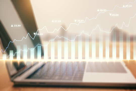 Multi exposure of abstract financial diagram on computer background, banking and accounting concept