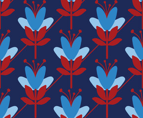 Abstract Hand Drawing Art Deco Tile Geometric Tulips and Leaves with Diagonal Lines Seamless Vector Pattern Isolated Background 