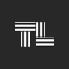 Monogram logo TL or LT letters Initials creative black and white parallel thin lines minimal style, two overlapping letters T and L combination, identity emblem.