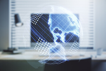 Double exposure of graphic America map on computer background, big data and digital technology concept