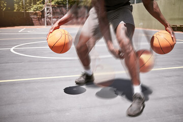 Basketball, man and speed with double exposure on a sport court while training, practice or workout...