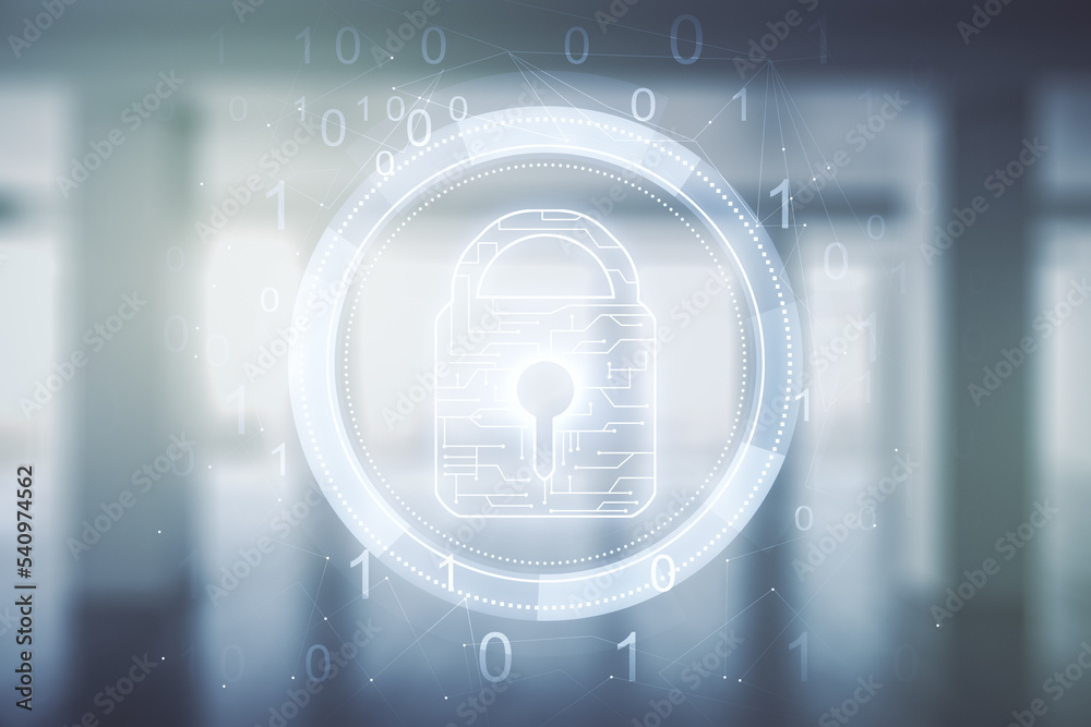 Poster double exposure of virtual creative lock hologram with chip on empty modern office background. infor