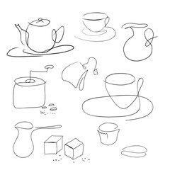 Set elements, items of coffee and tea. One line style. Vector illustration