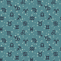 Elements of the zodiac signs on a blue background with stars. Repetitive seamless pattern for printing on textiles and paper. From bed linen to flyers.