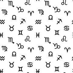 White background with dark elements of zodiac signs. Repetitive seamless pattern for printing on textiles and paper. From bed linen to flyers.