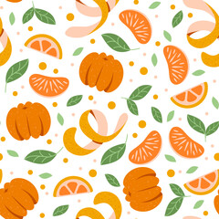 Seamless pattern with citrus fruits. Tangerines and oranges on a white background. Packaging paper, print, textile, fabric