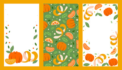 A set of templates for Instagram stories. Layouts with citrus fruits. Tangerines and oranges for a summer background