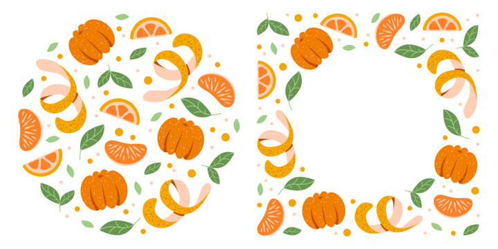 A set of templates made of tangerines and oranges. Citrus circle and a frame for the layout. Peeled tangerine and slices