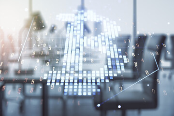 Double exposure of creative Bitcoin symbol hologram on modern corporate office background. Cryptocurrency concept