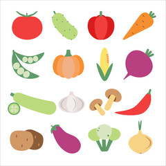 Vegetables icon set. Tomato, cucumber, pepper, carrot, pumpkin, onion and etc. Color vector illustrations in flat style