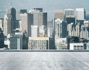 Empty concrete dirty rooftop on the background of a beautiful San Francisco city skyline at morning, mock up