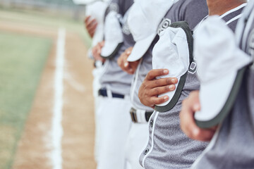 Baseball team, sports and national anthem to start event, competition games and motivation on stadium arena pitch. Closeup baseball players singing, patriotic group pride and respect for commitment - obrazy, fototapety, plakaty