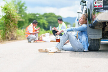 An injured woman in a plastic stretcher after a car accident ,Car accident insurance concept