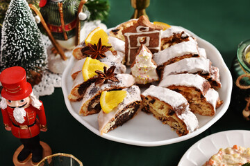 Traditional Christmas pastries on festive table