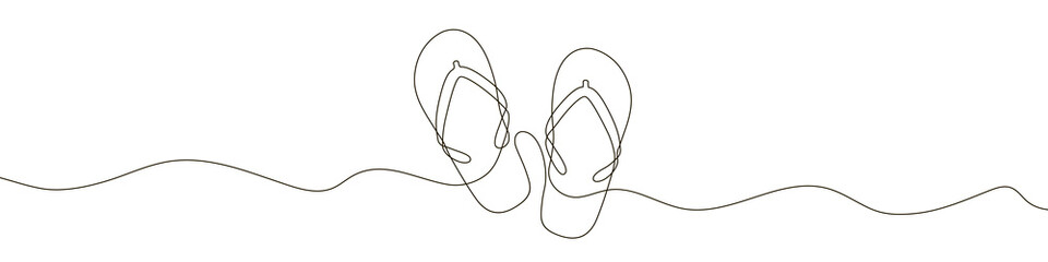 Continuous linear drawing of flip flops. Flip flops icon. Abstract background drawn with one line. Vector illustration. - obrazy, fototapety, plakaty