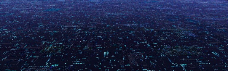 Futuristic semiconductor or electronics processor circuit pattern surface. Abstract AI, sci-fi hi-tech processing concept background. Blue to red surface.