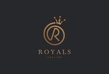 Letter R Logo, luxury letter R with crown in gold colour,  vector illustration