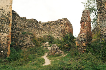Ruins of medieval mountain Romanian castle Şoimoş Fortress (Cetatea Soimos Lipova Arad Romania) and valley of river Mures