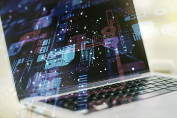 Double exposure of abstract creative programming illustration on computer background, big data and blockchain concept