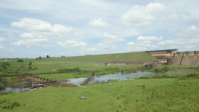 Low aerial fly toward Midmar Dam wall near Howick