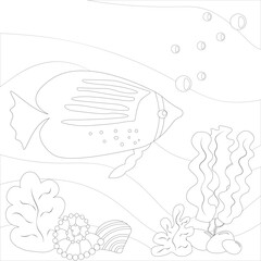Cute sea fish swims on the bottom of the reservoir. Coloring book - vector illustration, eps
