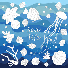 Set of isolated underwater elements. Coloring book - vector illustration, eps