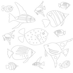 Set of cute sea fish - vector illustration. Coloring book, eps