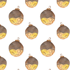 Christmas toy pattern, beautiful watercolor print isolated on white background for your design invitation or greeting cards, symbols winter and holiday Christmas.