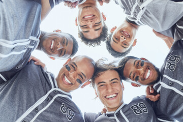 Sport, baseball and team huddle portrait for game mental preparation together with cheerful smile. Teamwork, competition and baseball player men at athlete match excited, happy and ready. - Powered by Adobe