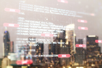 Fototapeta premium Multi exposure of abstract graphic coding sketch on blurry skyscrapers background, big data and networking concept
