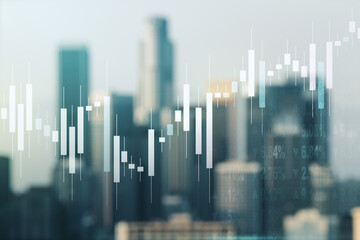 Double exposure of abstract creative financial chart hologram on blurry cityscape background, research and strategy concept