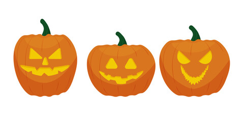 Angry pumpkins are isolated on a white background. Pumpkins with a scary smile. Vector illustration.