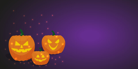 A banner for Halloween . Purple background with realistic pumpkins with a scary smile carved. Horizontal poster. Vector illustration