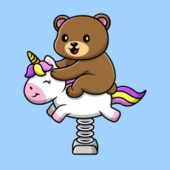 Cute Bear Riding Unicorn Toy Cartoon Vector Icons Illustration. Flat Cartoon Concept. Suitable for any creative project.