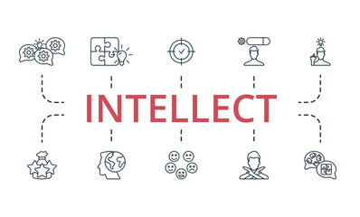 Intellect icon set. Monochrome simple Intellect icon collection. Brainstorming, Solutions, Focus, Skill, Solve The Problem, Experience, Global Thinking, Emotion, Failure, Psychology icon