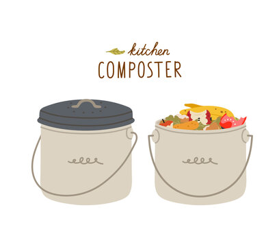 Kitchen composter in an open and closed state, with organic waste and hand lettering. Ecological recycling, responsible consumption. Organic waste for domestic composting.