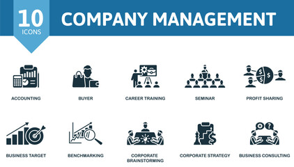 Company Management icon set. Monochrome simple Company Management icon collection. Accounting, Buyer, Career Training, Seminar, Profit Sharing, Business Target, Benchmarking, Corporate Brainstorming