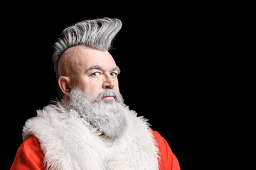 New Year and Christmas in the company of an unusual bad Santa. Evil aggressive gray-haired old man Santa in a bad mood. Severe dangerous Santa Claus with mohawk