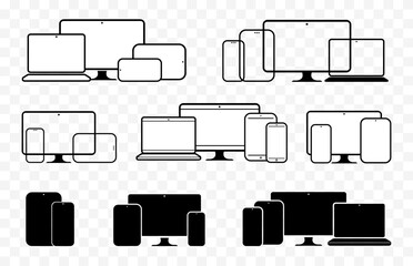 Digital Device Icons Vector Illustration Set. Mobile phone, tablet PC, computer monitor and laptop screen icons with transparent background.