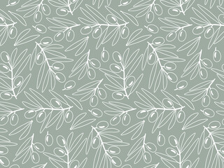 Fototapeta premium Vector linear seamless pattern with olive tree branches. Repeated Flat vector illustration with fruits for natural organic cosmetics, soap, wrapping paper, textile. Hand drawn Olive seamless pattern